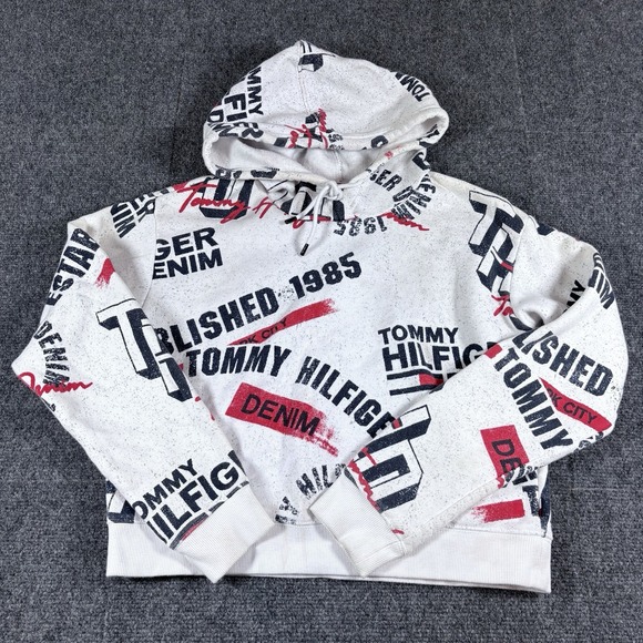 Tommy Hilfiger Denim All Over Print Hoodie Womens XS Cropped Crop White Red Blue - Picture 1 of 5